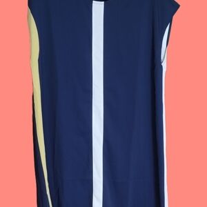 Sleeveless Navy Top with White and Yellow Accents
